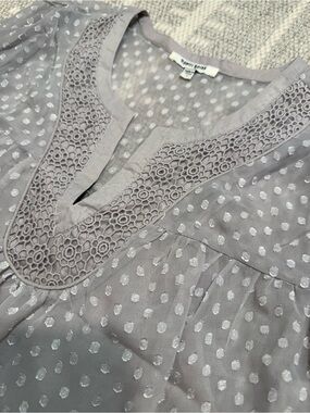 Y2K Boho Lace Embellished Tunic Daniel Rainn Medium Gray Swiss Dot Blouse